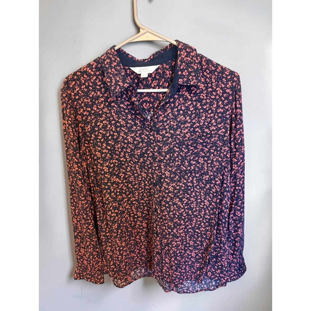 Stitch Fix Market & Spruce Ditsy Floral Popover Blouse Navy S Cottagecore - Picture 2 of 6